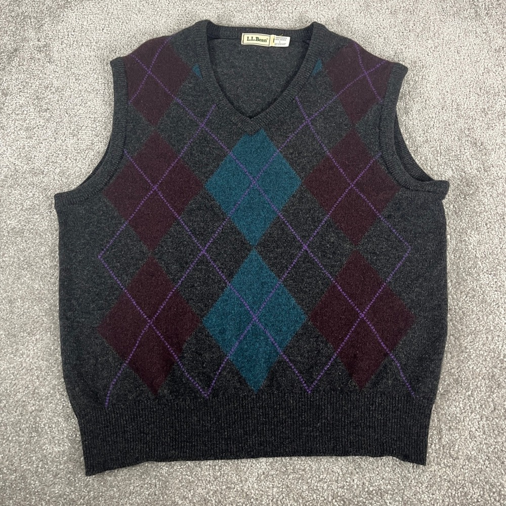 LL Bean Sweater Vest Mens Large Lambswool Argyle Made in Scotland Academia